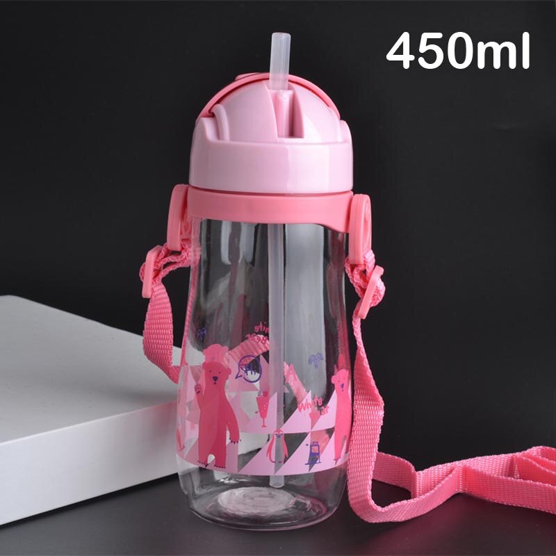 230/450 ml Peuter Zuigeling Water Fles Kinderen Babyvoeding Cup Leuke Cartoon Gedrukt Veilig Mooie Baby Water Cup met Stro: 450ml Pink 450ml