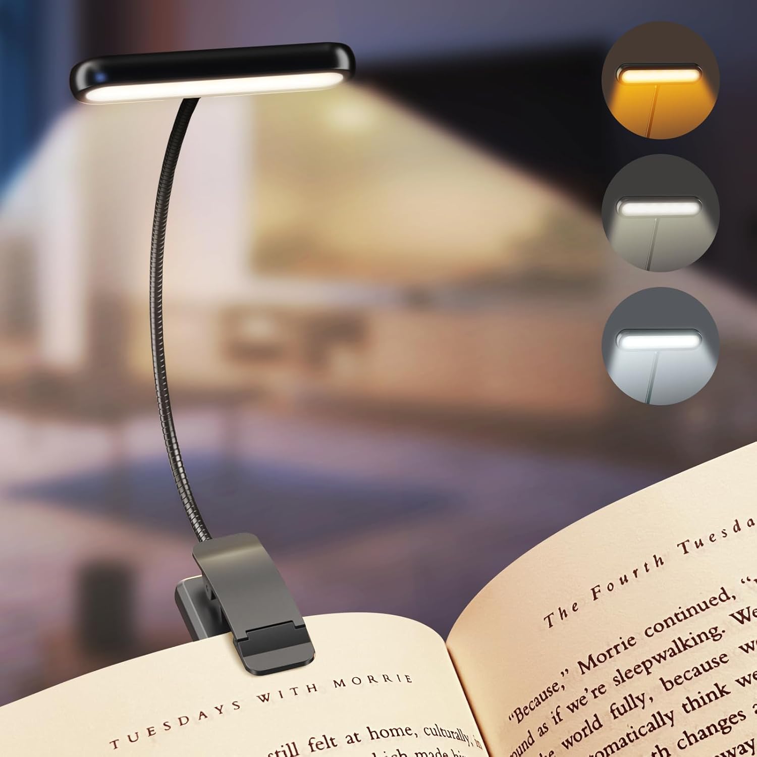 Luz de libro recargable para leer en la cama, lámparas de lectura para el cuidado de los ojos, temperatura de 3 colores, luz de lectura ligera pequeña con Clip: RGB