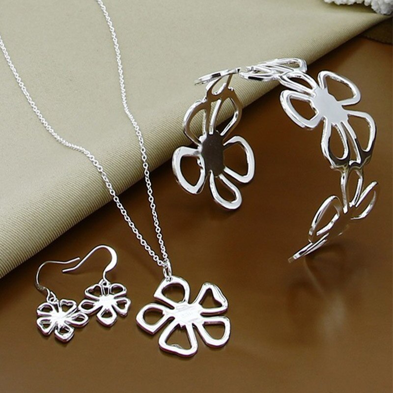 Set di Gioielli delle donne 925 Argento Fortunato Fiori Pendenti Con Gemme E Perle Collana Braccialetti Orecchini Delle Signore Dei Monili