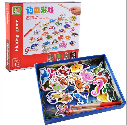 32PCS Wooden 3D Magnet Fish Toys Set Wood Magnetic Fishing Game Children Educational Cartoon Undersea Toy kid Birthday ZXH