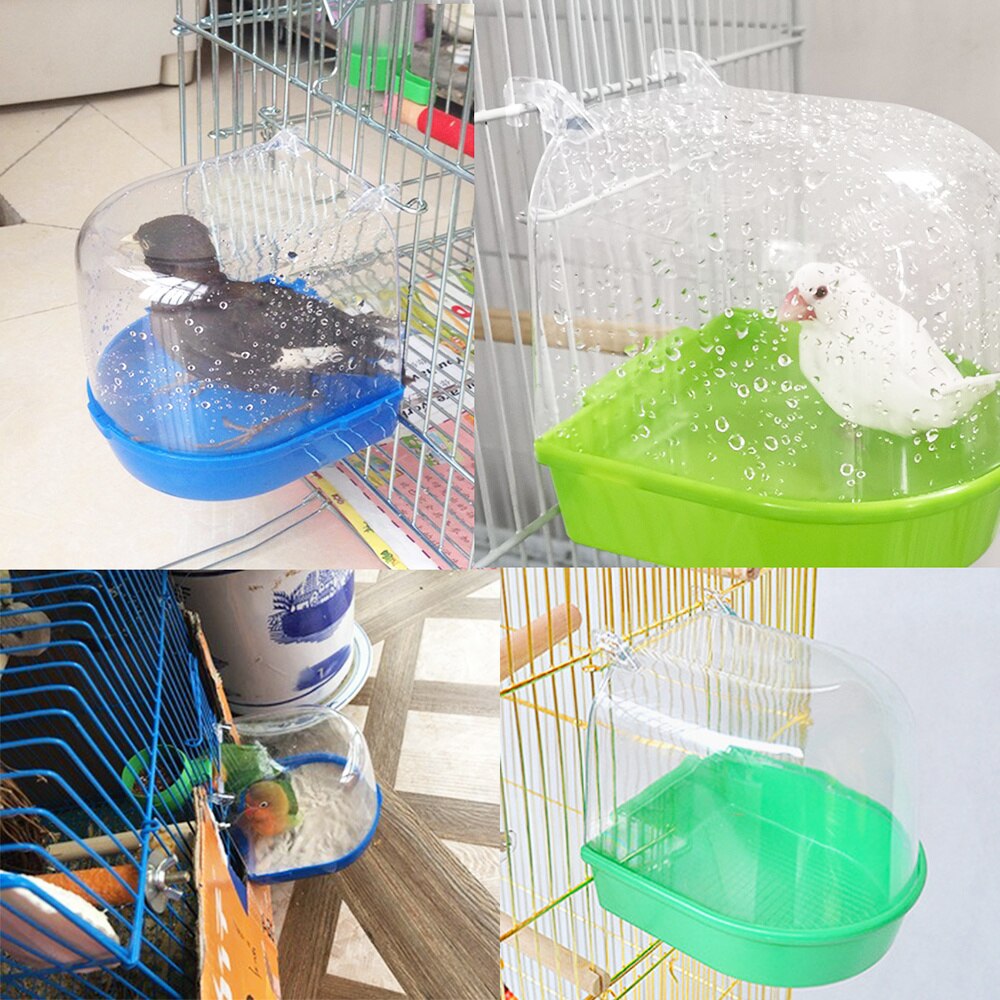 Bird Bath Transparent Window Small Parrot Cage Accessories Hanging Shower Bathtub Large Water Food Holder Parakeet Perch Toys