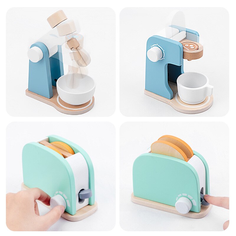 Kids Wooden Pretend Play Sets Simulation Toasters Bread Maker Coffee Machine Blender Baking Kit Game Mixer Kitchen Role Toys