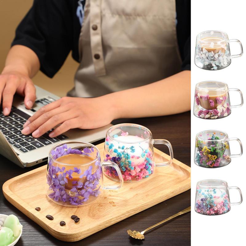Dubbelwandige glazen koffiemok geïsoleerde bloem glazen espressokopje heldere melkbekers vulling gesimuleerde bloemen theekopje sap waterbeker