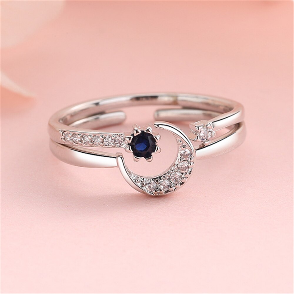 Combination Love Moon Rings Blue Crystal Stackable Engagement Wedding Rings Set For Women Friends Jewelry