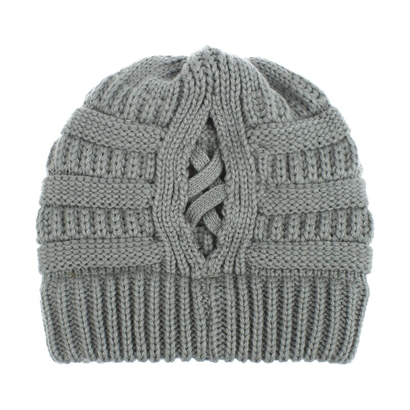 Gorro de cola de caballo para mujer, gorros tejidos para madre y niña, gorros gruesos y cálidos, gorras de color liso: 3