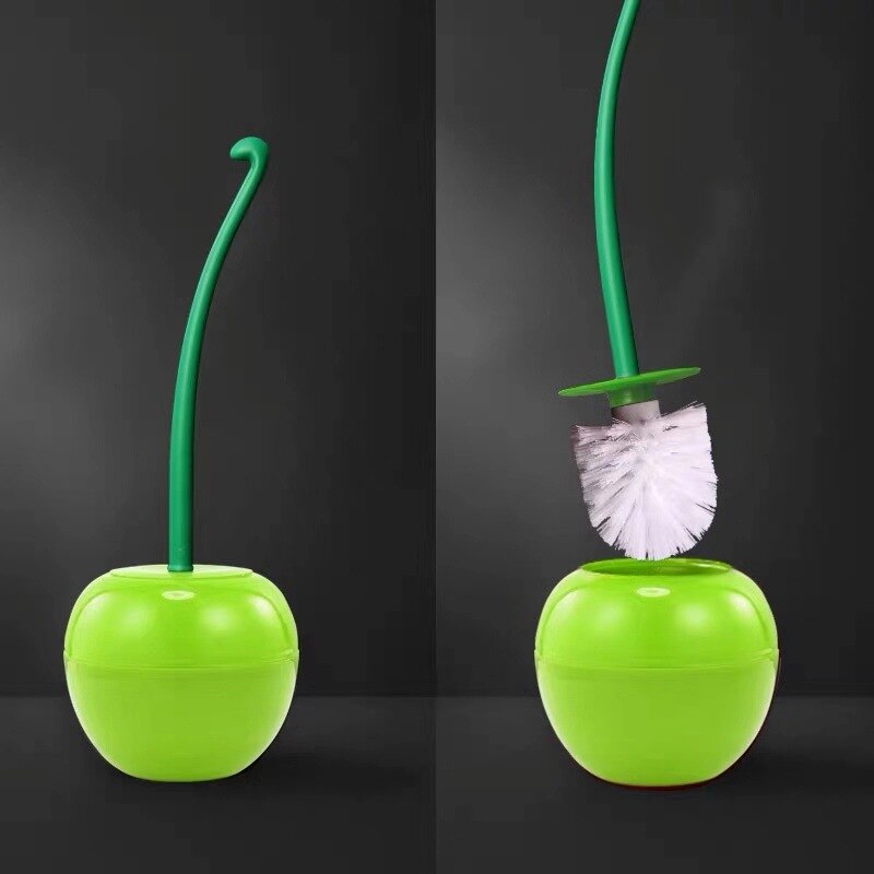 Scopino e supporto per WC, spazzola per la pulizia della spazzola per WC a forma di ciliegia carina per lavabo da bagno, spazzola per WC a manico lungo: green