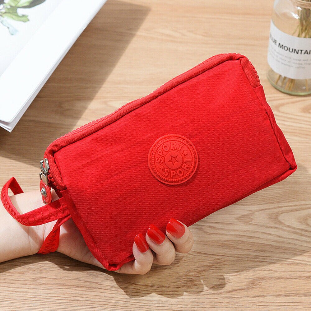 Kvinders solide 3 lag lærred telefonpose kort tegnebog tre-lags lynlås møntkort nøglepung: Rød