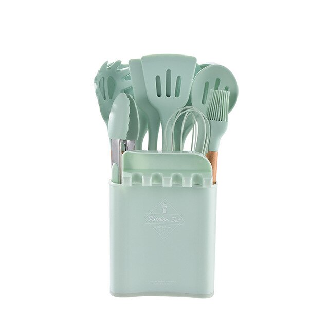 Silicone Cooking Utenils Spatula Spoon Kitchen set Wooden Handle Silicone Kitchenware Set on-Stick Cooker Cooking Spoon: Light Green