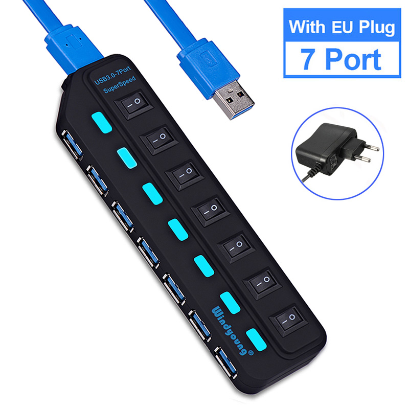 USB 3.0 HUB Typ-C HUB Multi USB Splitter 4/7 Port Expander Mehrere USBC 3 Hab Verwenden Netzteil USB 3.0 Hub mit Schalter für PC: Grau