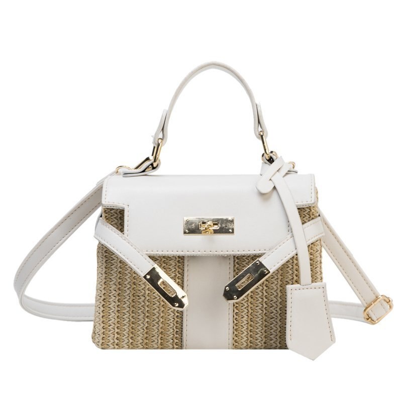 Box Stro Vrouwen Handtassen Rieten Geweven Schouder Crossbody Tassen Chic Lock Pu Zomer Strand Rotan Kleine Flap: white