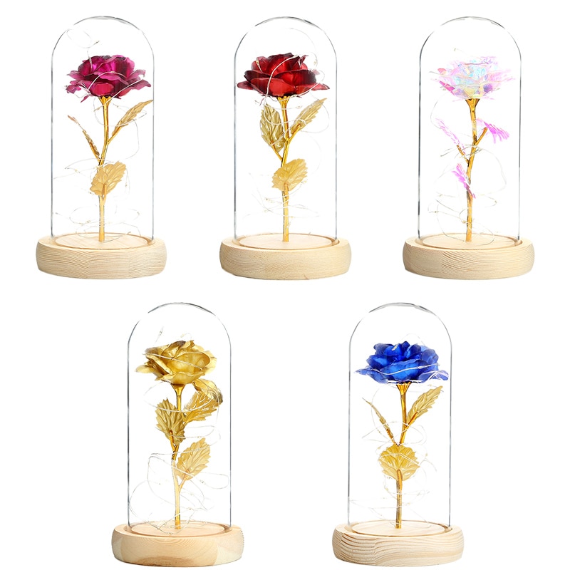 Skønhed og udyr rose i kolbe led rose blomst lys sort base glas kuppel bedst til mors dag fødselsdag valentinsdag