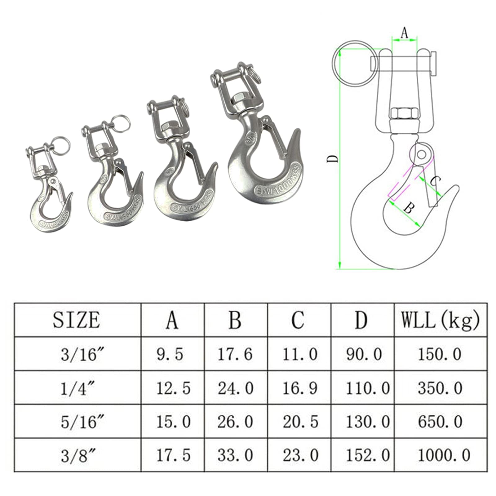 Slip Hook 2Pcs (1433lb/ 650kg) 304 Stainless Steel Clevis Hook Safety Hook with Safety Latch Swivel Lifting Hook Capacity