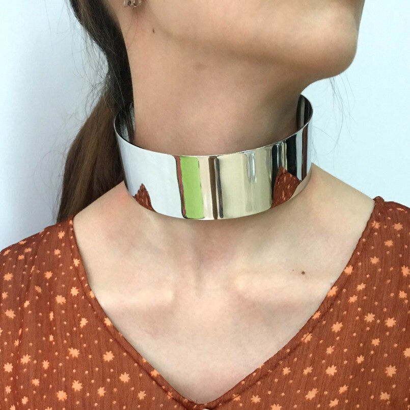 MANILAI Punk Alloy Torque Choker Necklaces For Women Maxi Jewelry Big Collar Statement Necklace Collier Femme: Silver 4958N