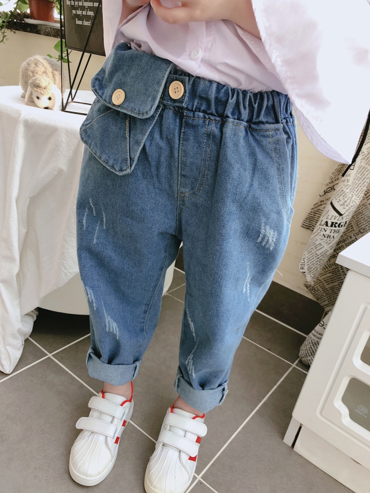 Forår item pige afslappet lomme jeans buks cool denim bukser