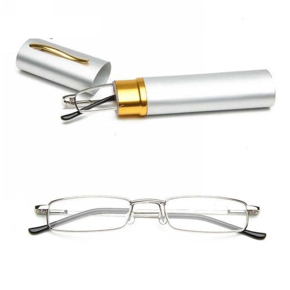 Unisex Rvs Frame Hars Leesbril 1.00-4.00 Met Tube Case Vouwen Anti Vermoeidheid Verziend Brillen: +150 / silver