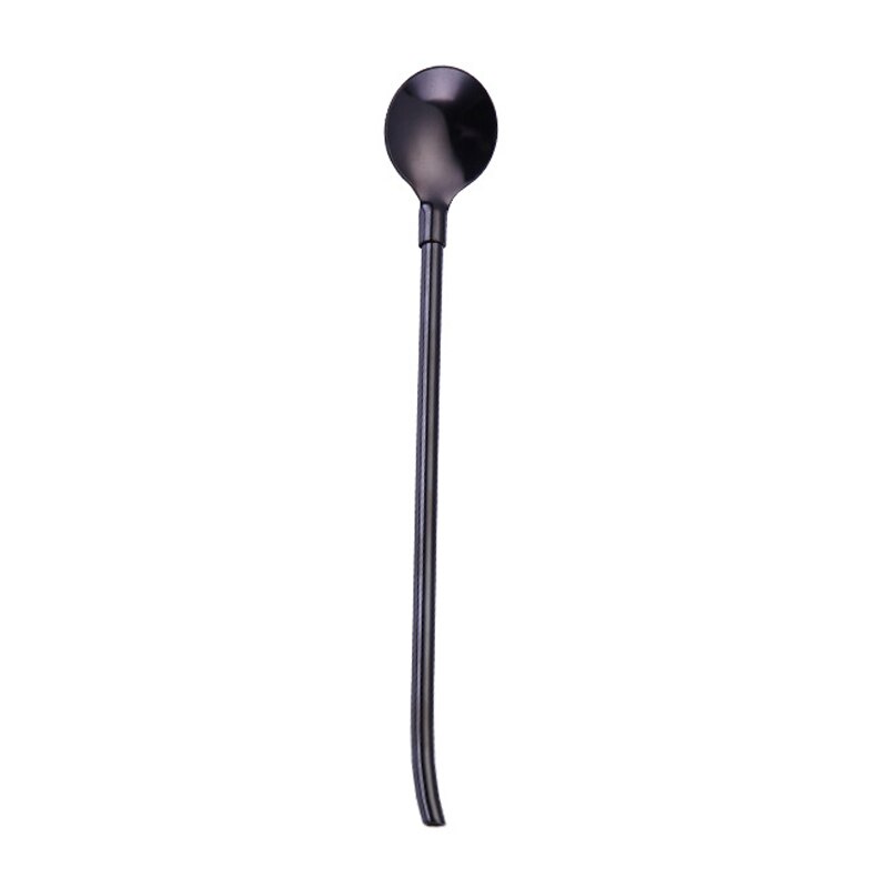 Pajitas reutilizables para beber, cuchara de acero inoxidable, pajilla de bebida larga, portátil, Color arcoíris, cuchara agitadora de cóctel: Black