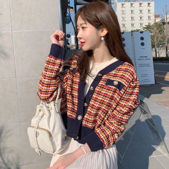 Cardigan kvinder farverige plaid tre farver enkelt breasted v-hals udsøgt chic koreansk stil slank: Mørkeblå / S