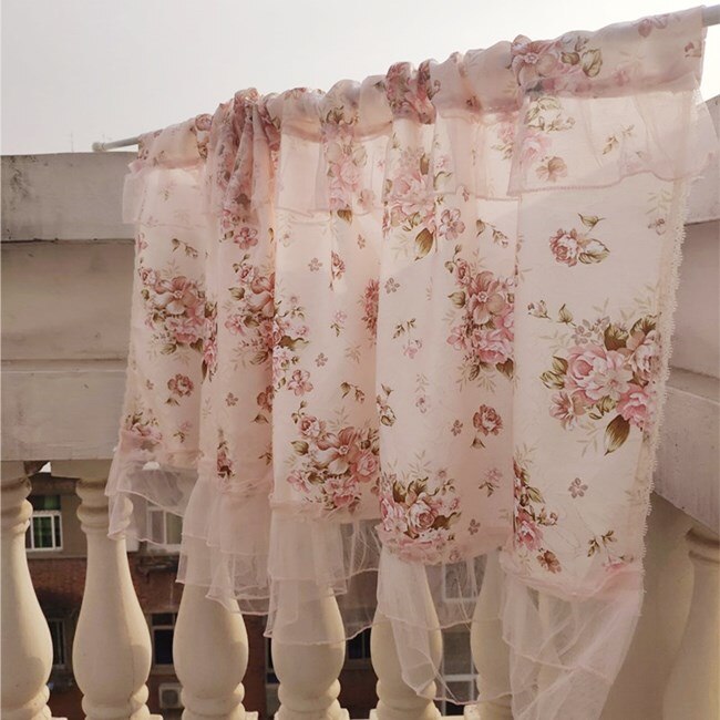 Dekorative lyserøde polyesterprintede gardiner. blonder kabinet gardin kaffe halvt gardin dekorative hovedtæppe.: Gul lyserød