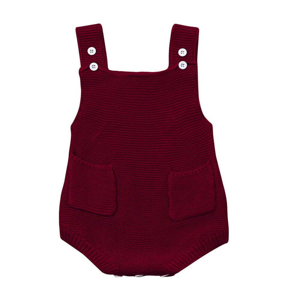 -né bébé filles solide tricoté enfant en bas âge poche combinaison vêtements body tenue sans manches bébé body mignon hiver: Wine / 6M