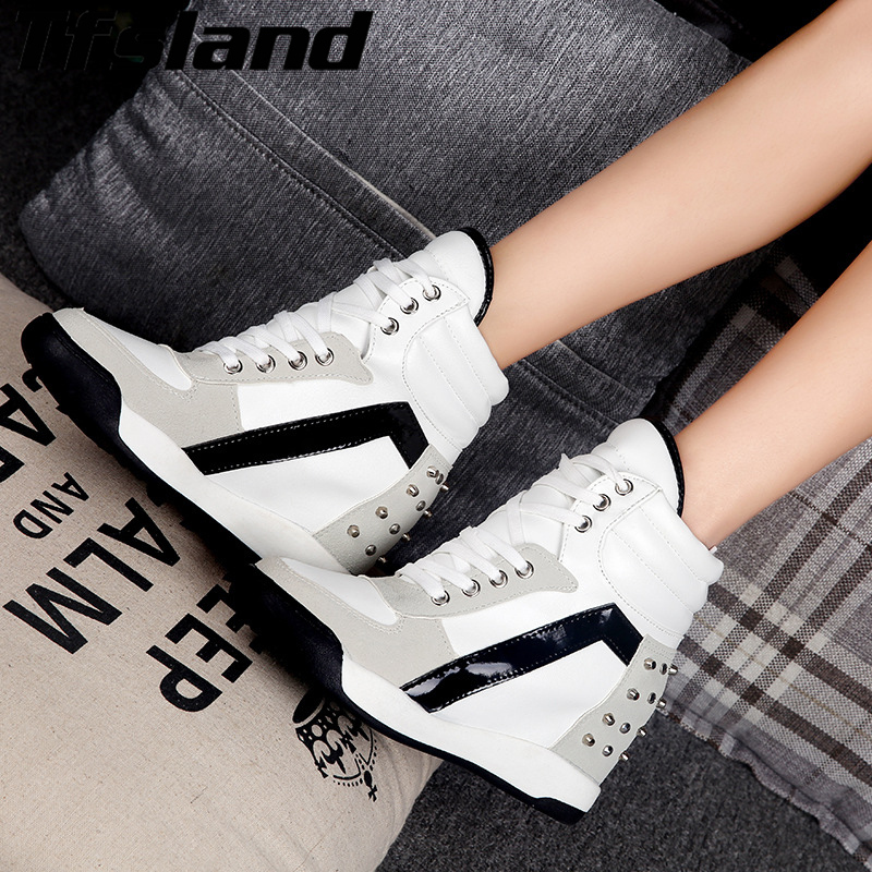 Autumn Women Height Increasing Platform Shoes Women Breathable Patchwork Wedge Shoes Rivet High Top Walking Shoes Sneakers