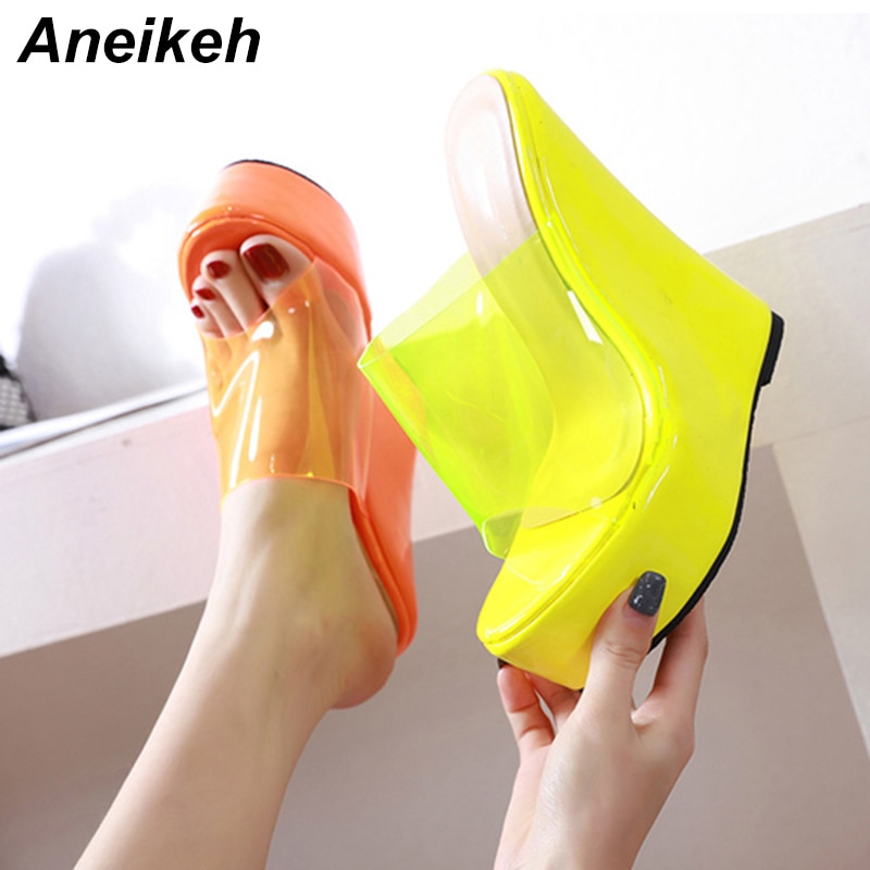 Aneikeh plattform wedge tofflor kvinnor klara genomskinliga sandaler orange gula mulor glidtjocka bottenskor ultra mycket höga