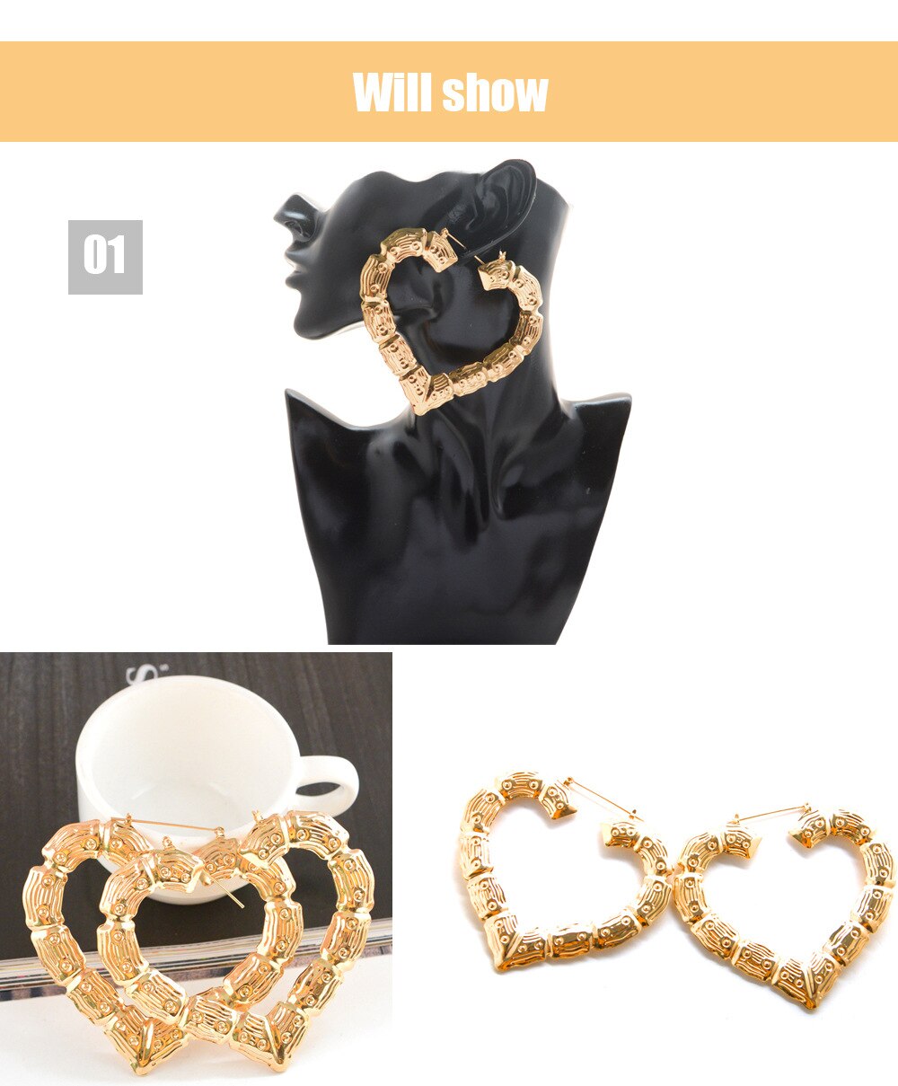 Brincos de bambu dourado para mulher kolczyki damskie piercing aros grande argola moda feminina jóias triângulo quadrado coração