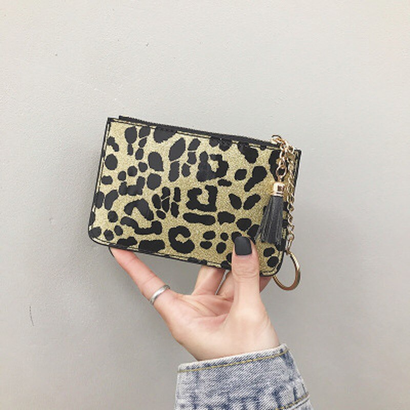 Leopard læder kvinders tegnebøger pu lynlås pung damer tegnebog kobling multi card taske: Guld