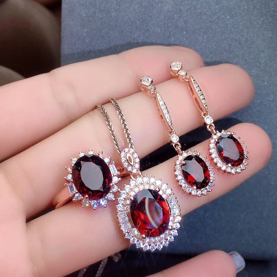 Kjjeaxcmy bene gioielleria Naturale Granato dell'argento Sterlina 925 Nuovo Delle Donne Del Pendente Della Collana Anello Orecchini impostato Supporto di Prova Bella