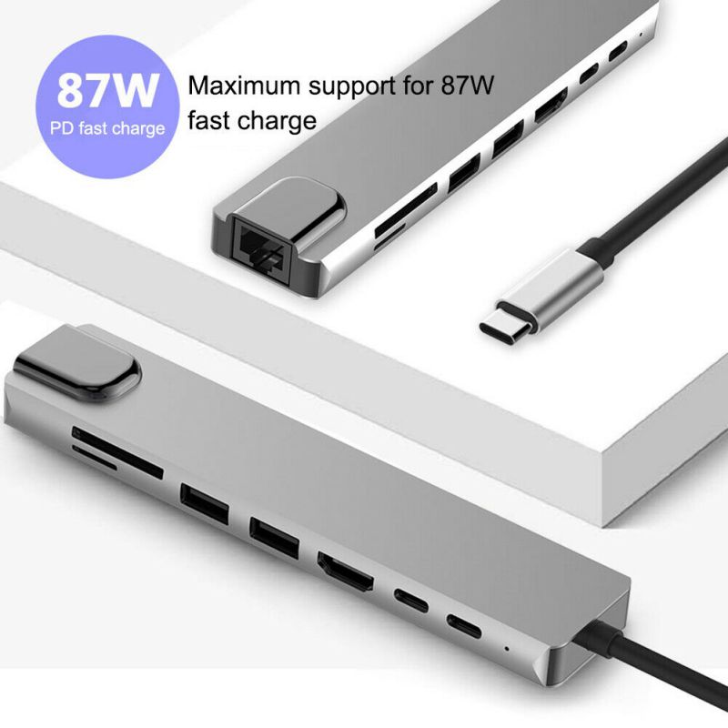8-in-1 USB-C Hub - 4K HDMI, 3x USB 3.0, SD/TF Card Reader, 100W PD, RJ45 Ethernet