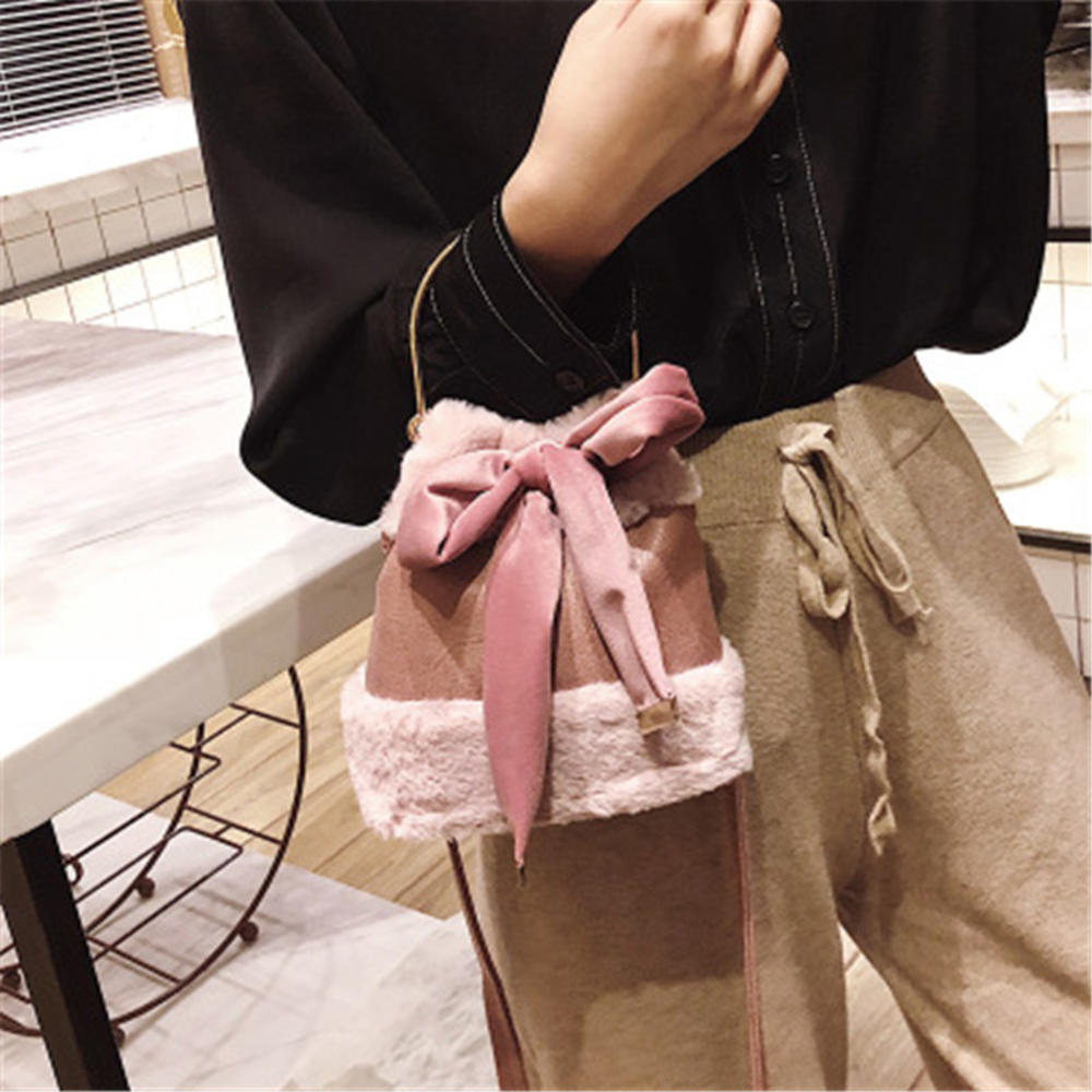 hiver nouvelle PU cuir nœud papillon fille femmes dames petit cartable coréen en peluche bandoulière sac à bandoulière sacs à main: XBLWW9A5-FR