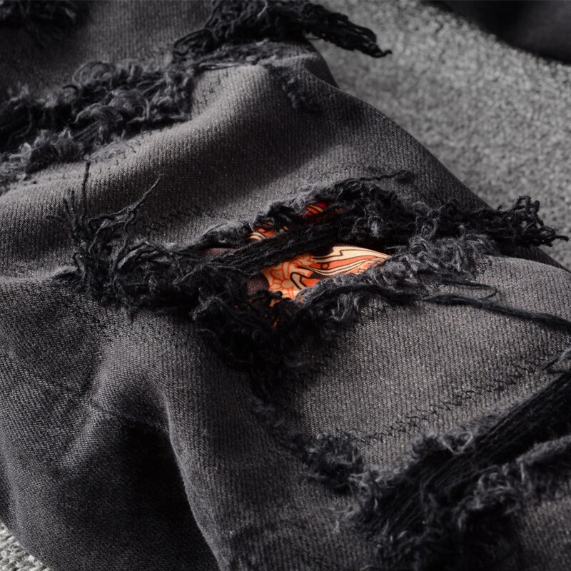 jeans da uomo alto strada la moda jeans strappati sottile in forma elasticizzati neri retrò per uomo pantaloni punk in denim anca-salto firmati patchwork