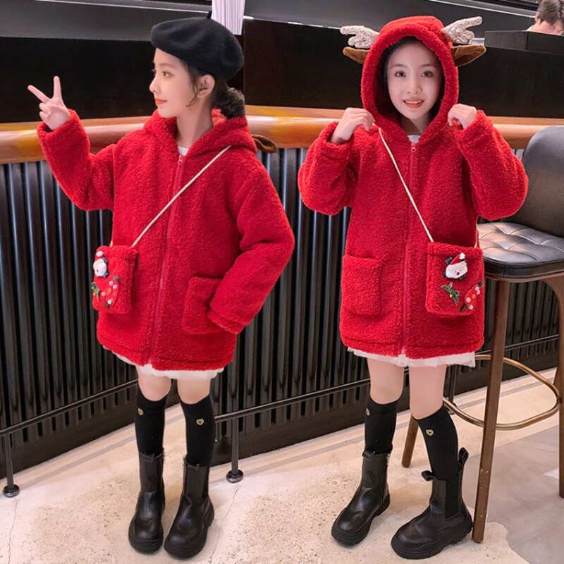Manteaux en laine rouge mélangé pour enfants, hiver noël, épais et à capuche, vestes longues pour enfants, vêtements d'extérieur pour adolescentes