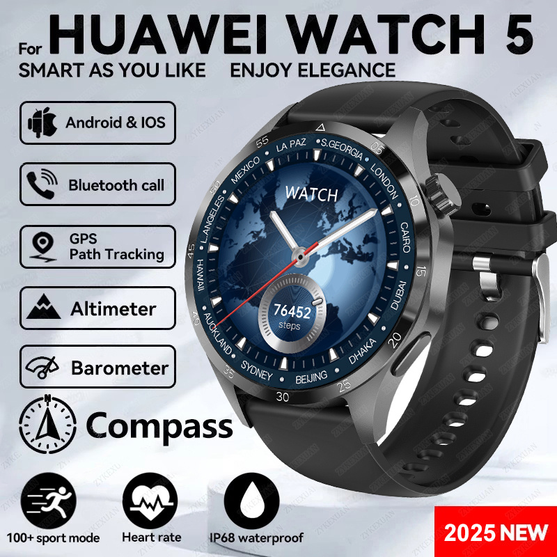 2025 novo para huawei relógio 5 pro relógio inteligente masculino tela amoled nfc gps bússola freqüência cardíaca à prova dwaterproof água bluetooth chamada smartwatch: Branco