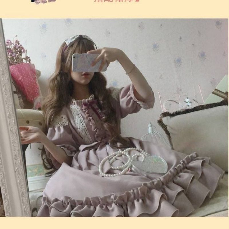 Moda feminina doce lolita lolita roupas kawaii vestido bonito estilo japonês lolita plissado vestido vintage manga sopro doce lavanda