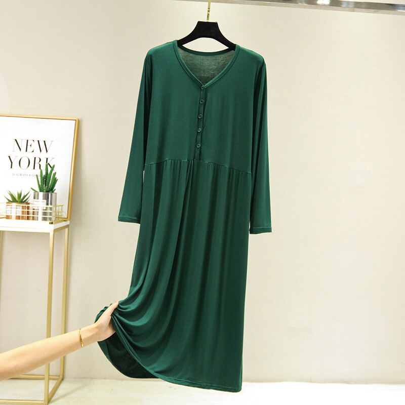 Large early autumn long sleeve button modal cotton loose home dress: Green