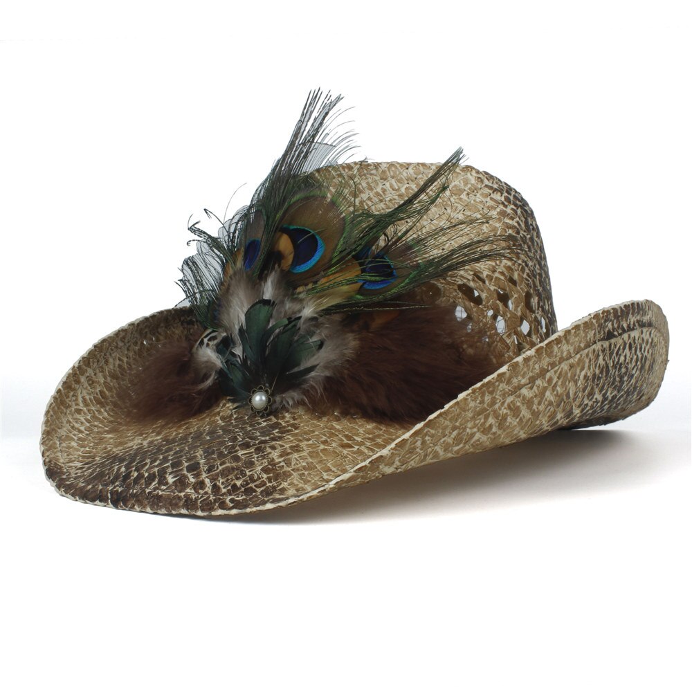 Western Cowboy Hat For Women Men Handmade Straw Bohemia Sombrero Hombre Straw Cowgirl Jazz Sun Caps Size 56-58CM: Khaki KQ