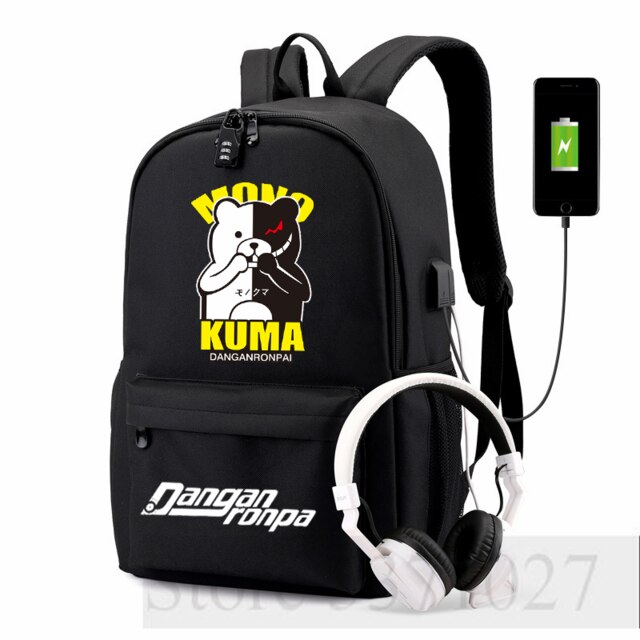 Danganronpa-mochila Ouma Kokichi con carga USB para adolescentes, morral escolar de , bolso de viaje para hombres y mujeres, mochila para ordenador portátil para estudiantes: 1