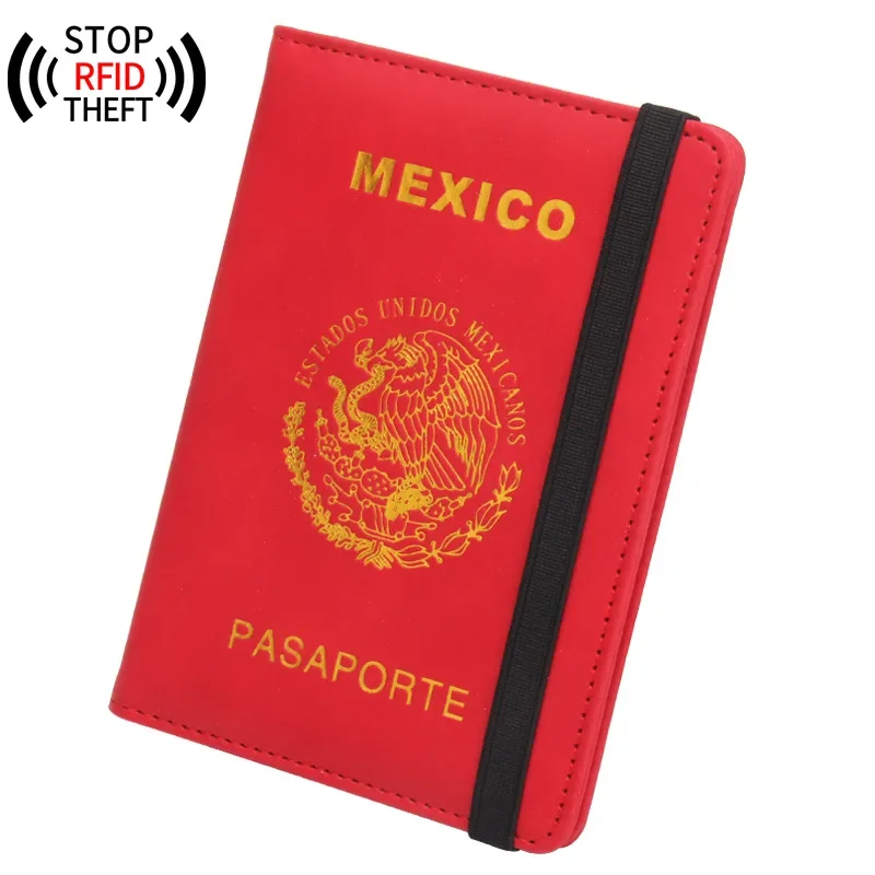 Rfid-blokkerende paspoorthoes voor mexico, gemaakt van pu-leer, verenigde staten, mexicaans, reisdocumenten, beschermingskaarthouder voor mannen en vrouwen: Rood
