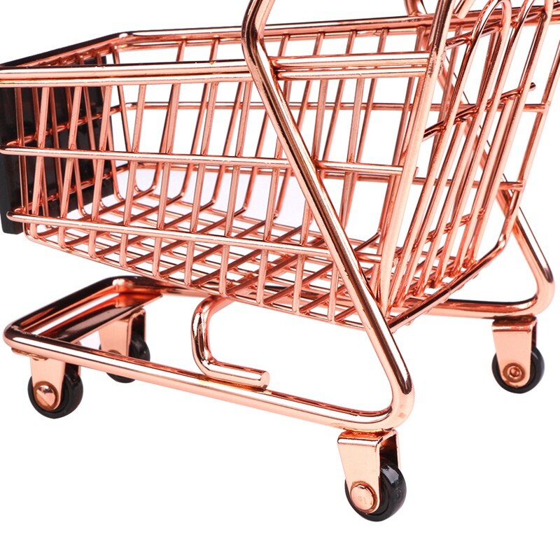 Mini Double Layers Shopping Cart Model Wrought Iron Supermarket Trolley Metal Rose Gold Storage Basket Rose Gold