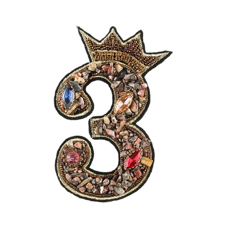 Parche de número 0-9, corona con cuentas de diamantes de imitación para coser/planchar en aplique, insignia, decoración DIY: 3