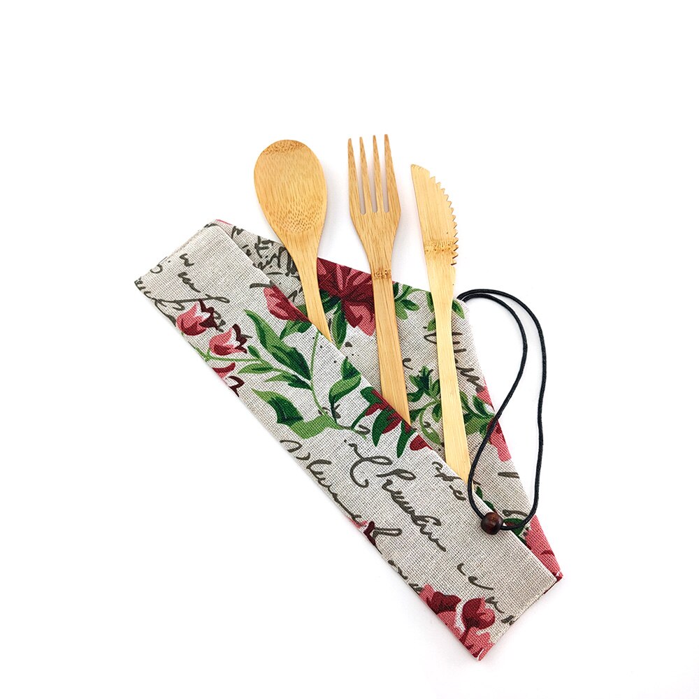 Bamboo Portable Reusable Utensils With Nylon Toothbrush Bamboo Case Travel Cutlery Set Camping Utensils Fork Spoon Knife Set