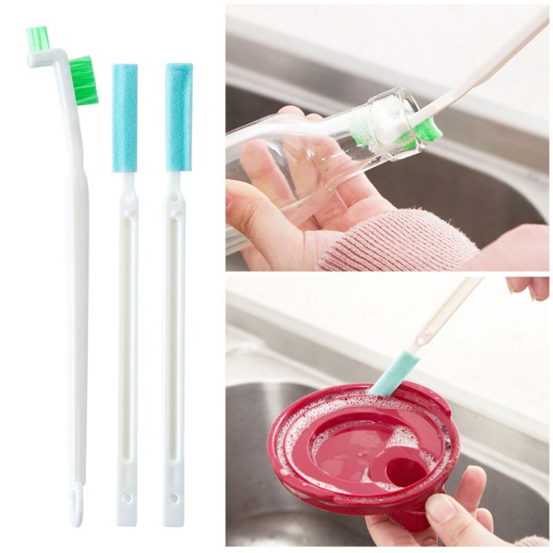 Juego de 3 unidades de cepillos de limpieza para el hogar, cepillo estrecho, mango largo, portátil, para limpieza de botellas de leche de bebé