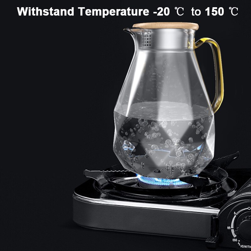 Diamant Patroon Glas Water Jug Transparante Home Karaf Warm Koud Water Pitcher Hittebestendige Koffie Theepot Met Bamboe Houten Deksel