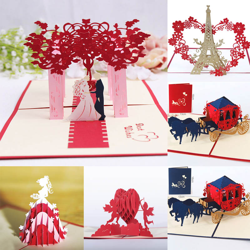 1 Set Uitnodigingen Kaarten Handgemaakte Anniversary Vrolijke Kerstkaart Valentine Lover Wenskaarten 3D Pop Up