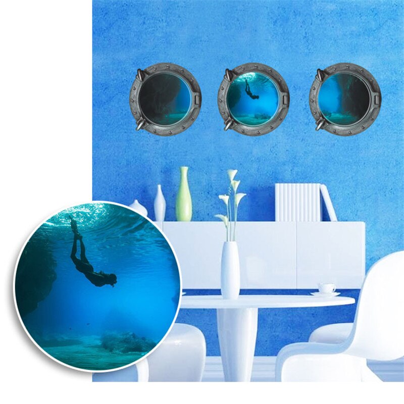 3D Simulation Window Wall Sticker Submarine Underwater World Scenery Steamship Marine Life Decal Decor Kids Room Mural: C