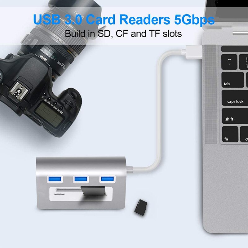 ROCKETEK USB 3,0 Kartenleser, Aluminium 3 Ports USB 3,0 Hub Adapter mit TF, Micro-SD, CF Kartenleser Combo für PCs und Laptops