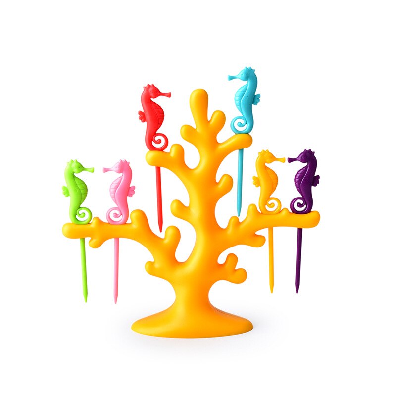 ABS Plastic Household Plastic Fruit Stick Set Coral Folk Rack Hippocampus Shape Sticks for Desserts Snacks Cake