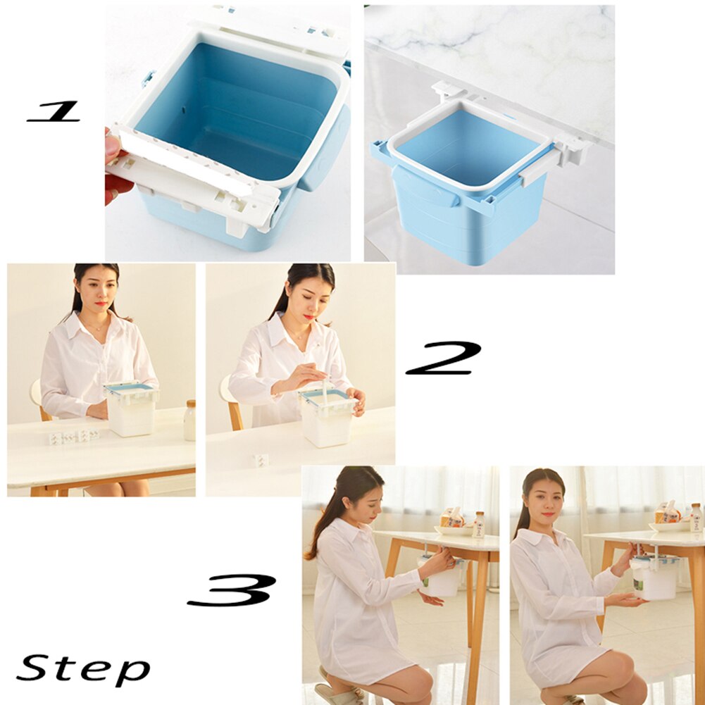 1Pc Durable Plastic Hidden Retractable Office Desk Home Adhesive Dustbin Trash Can Garbage Waste Bin Easy to Install