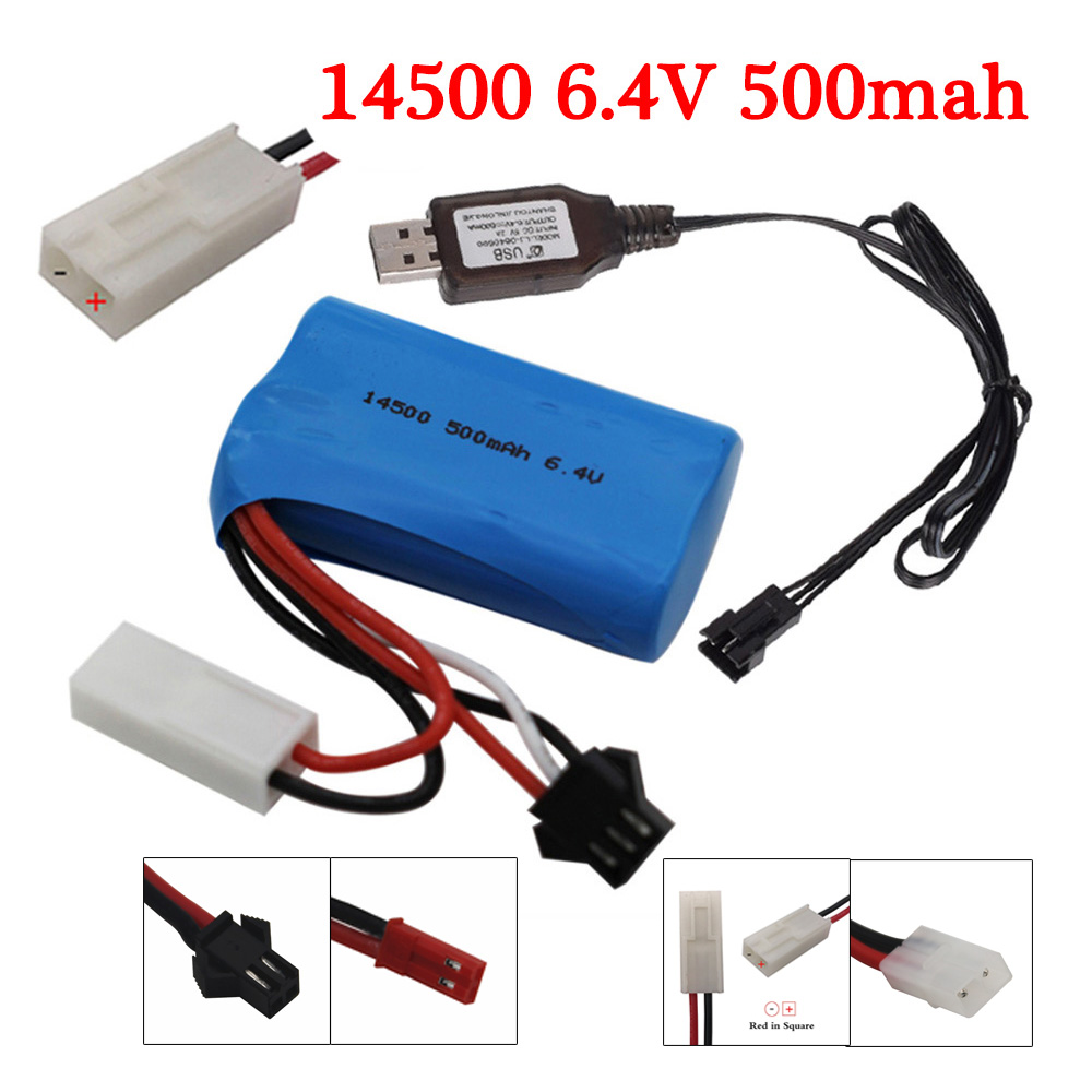 Batería de iones de litio de 6,4 v, 500mAh, con cargador USB, para Wltoys 18401, 18402, vehículo RC, 6,4 v, 14500, para juguetes, coches y barcos a control remoto