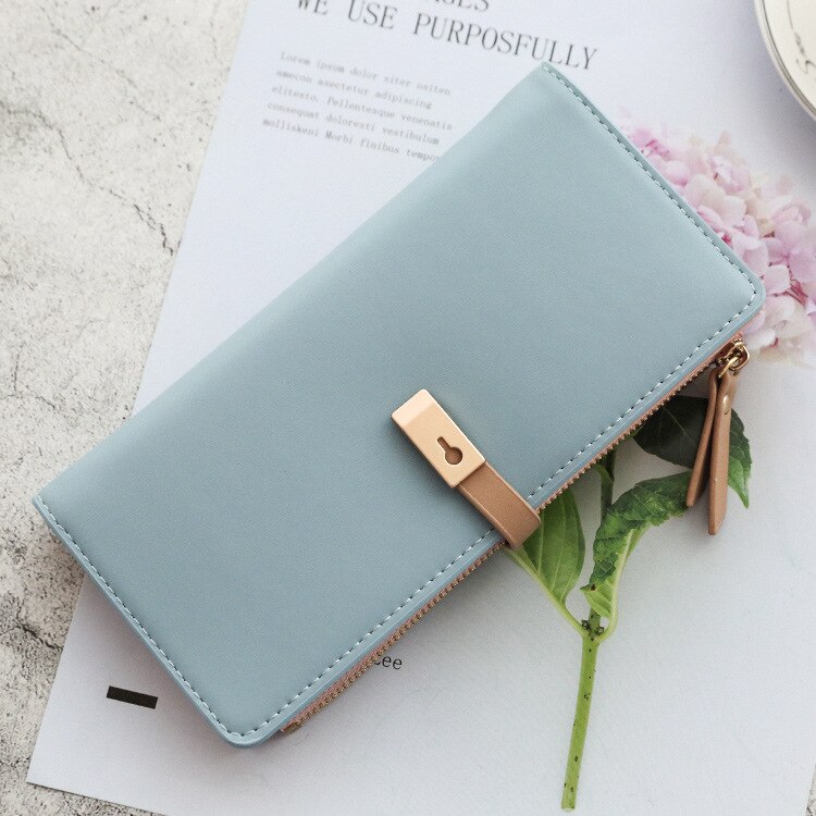 Korean Mori Ladies Thin Wallet Long Multi-function PU Wallet Simple Card Holder Zipper Buckle Coin Purse Clutch: Blue